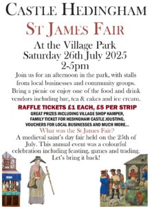 Poster advertising St James Fair raffle tickets available from Castle Hedingham Village Shop